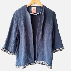 VILAGALLO Navy Blue Open Front Tweed Boho Jacket Fringe Size 46 (US 14)